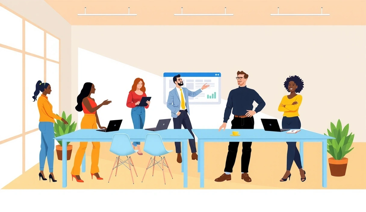 Diverse team collaborating in a modern office, conceptual illustration