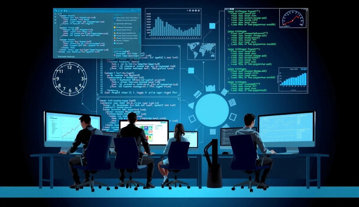 Engineers developing software, conceptual illustration