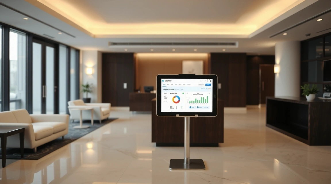Modern hotel lobby with GlobalStay PMS interface on a tablet