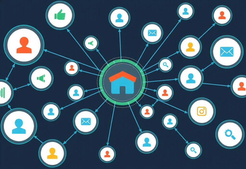 A network of digital channels connecting to a central hotel icon, illustrating a channel manager.