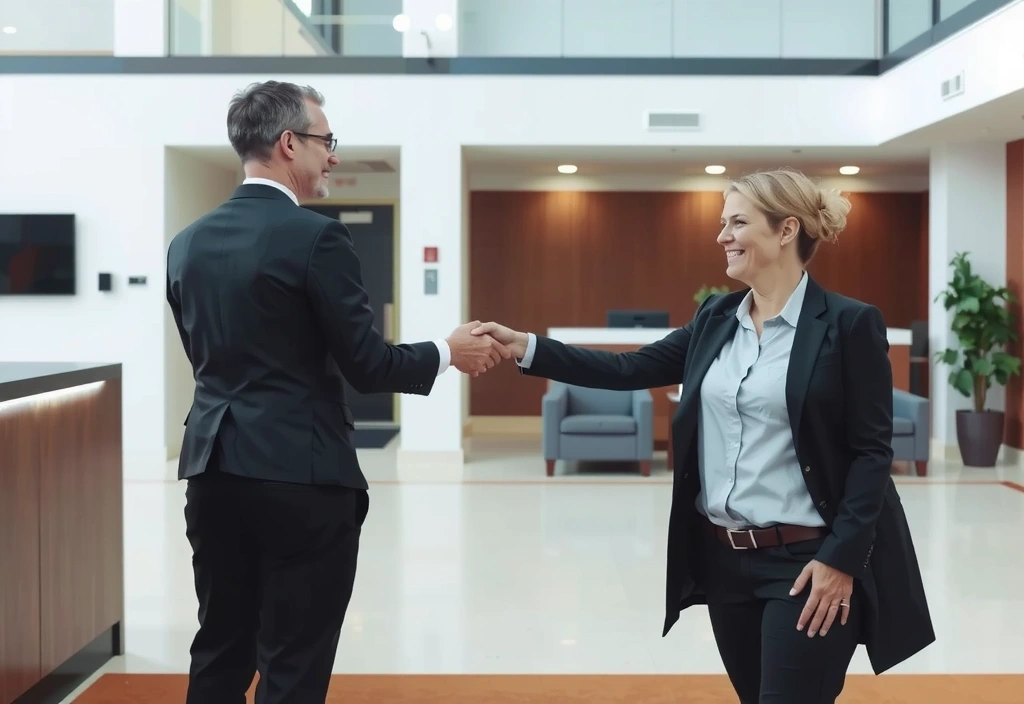 A smiling hotel manager shaking hands with a guest in a well-appointed hotel reception, representing success.