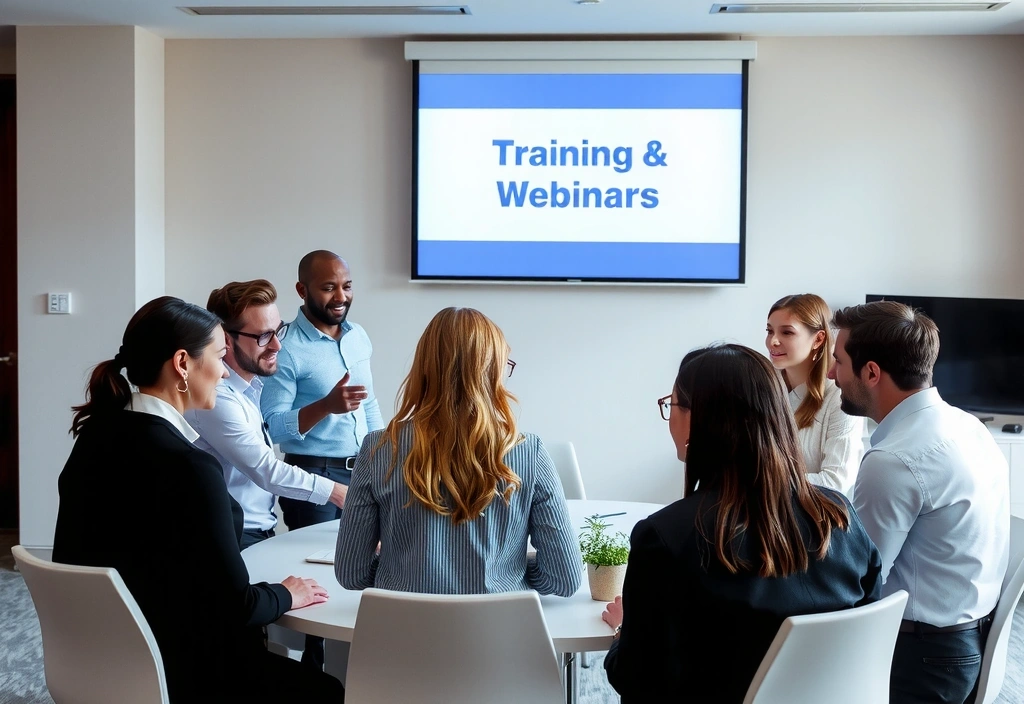 A group of diverse hotel staff collaborating and discussing in a modern meeting room, representing training and webinars.