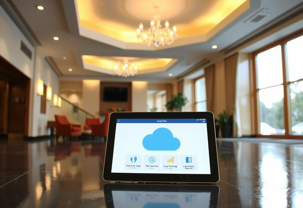 Modern hotel lobby with a tablet displaying a cloud PMS interface, symbolizing efficiency.