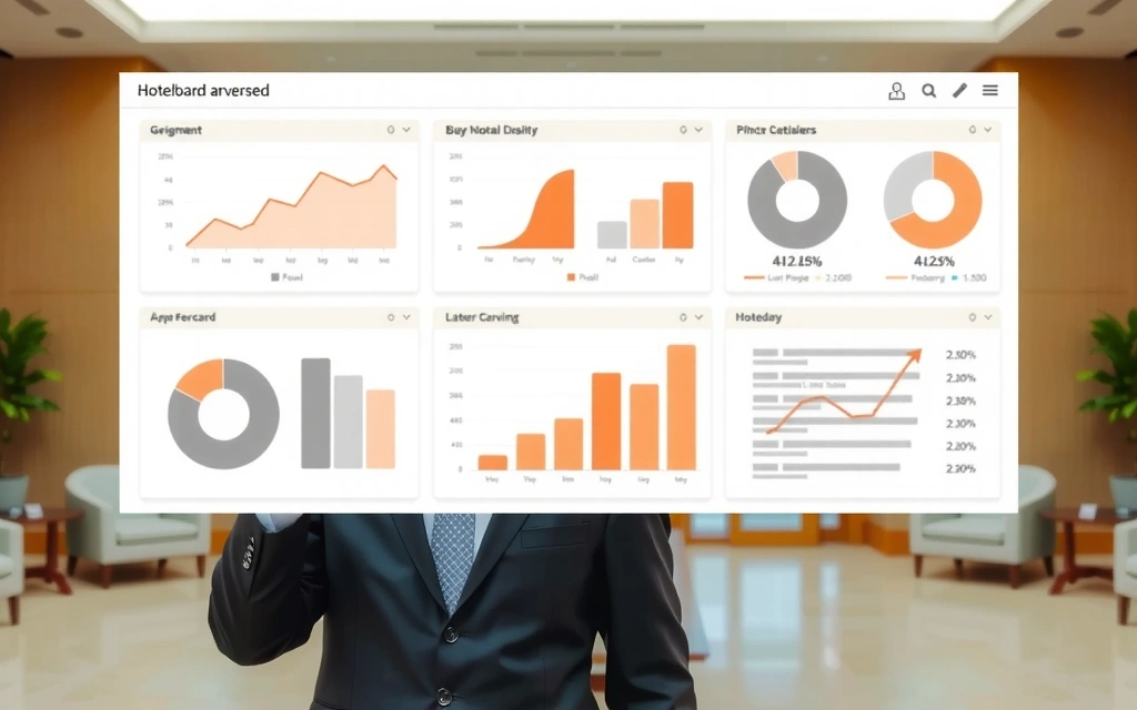 Hotelier looking at a digital dashboard with graphs and charts symbolizing increased revenue