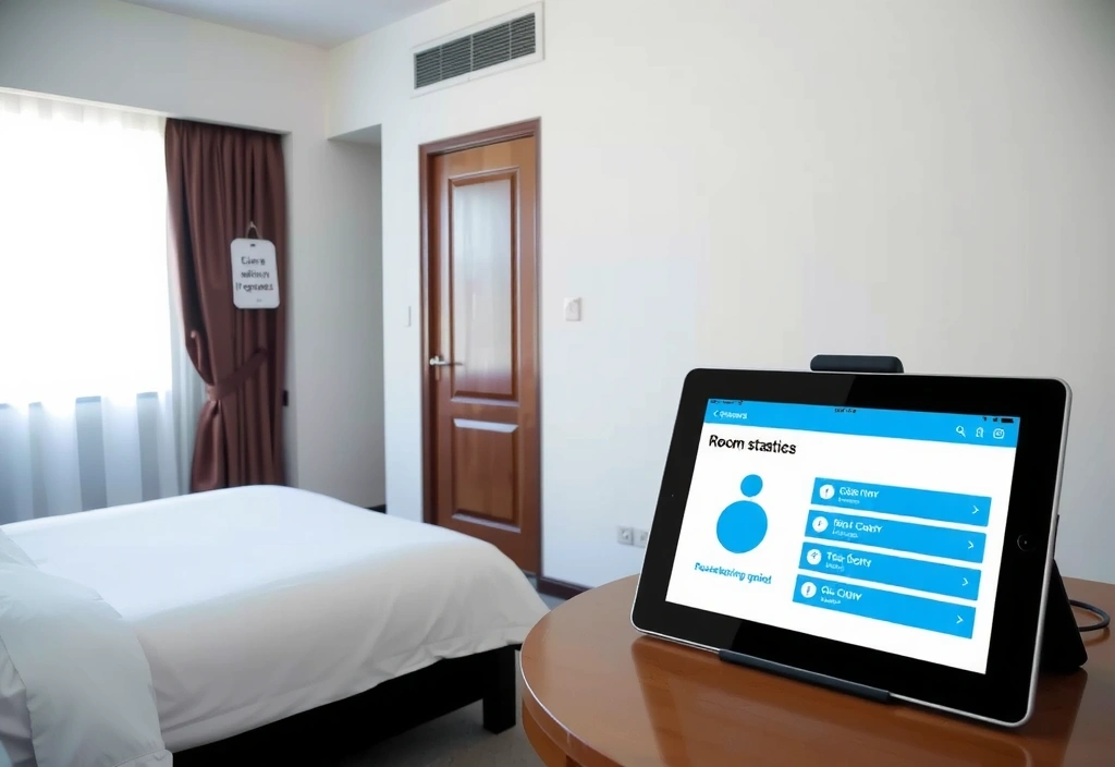 Empty hotel room with 'cleaning in progress' sign