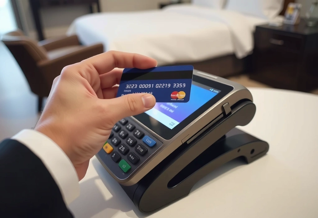 Hand holding a credit card over a POS terminal