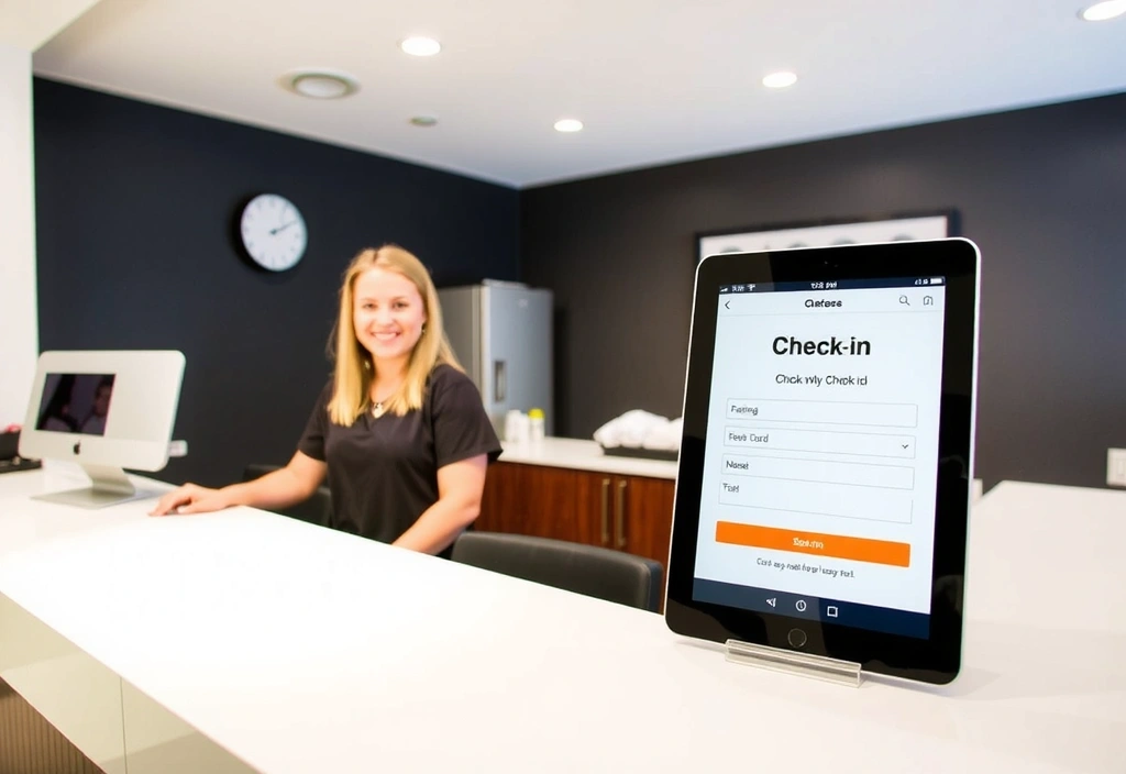 Hotel front desk with a tablet