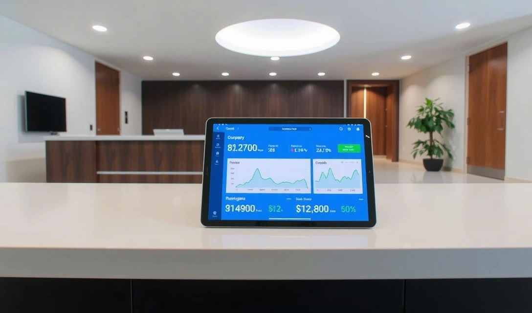 Modern hotel lobby with a tablet displaying GlobalStay PMS dashboard
