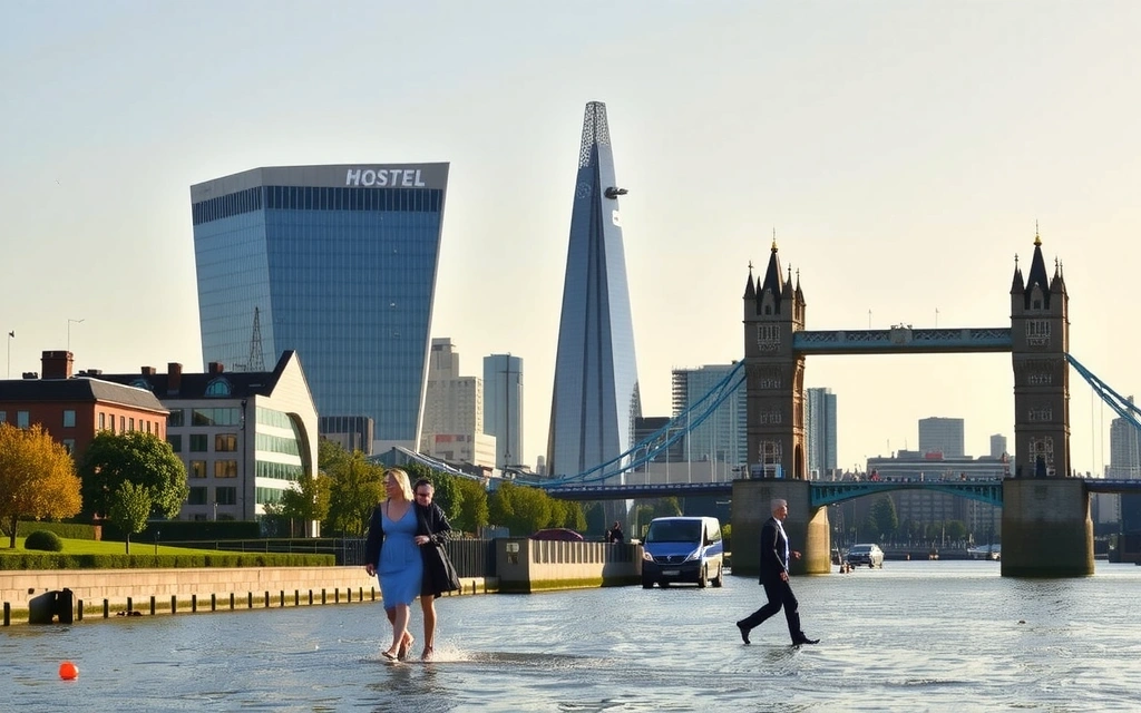 Iconic London landmarks with a modern hotel in the foreground