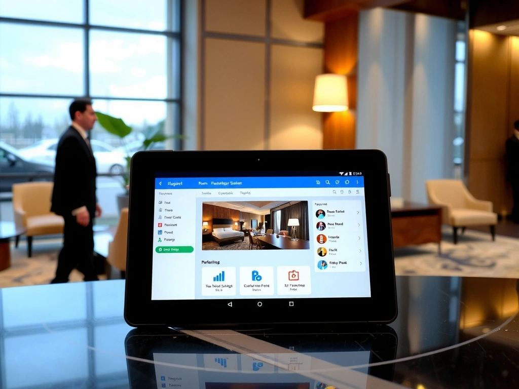 Modern hotel lobby with a tablet showcasing GlobalStay PMS interface