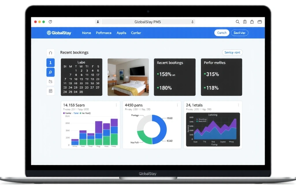 Laptop showing GlobalStay PMS interface with a calendar and booking details