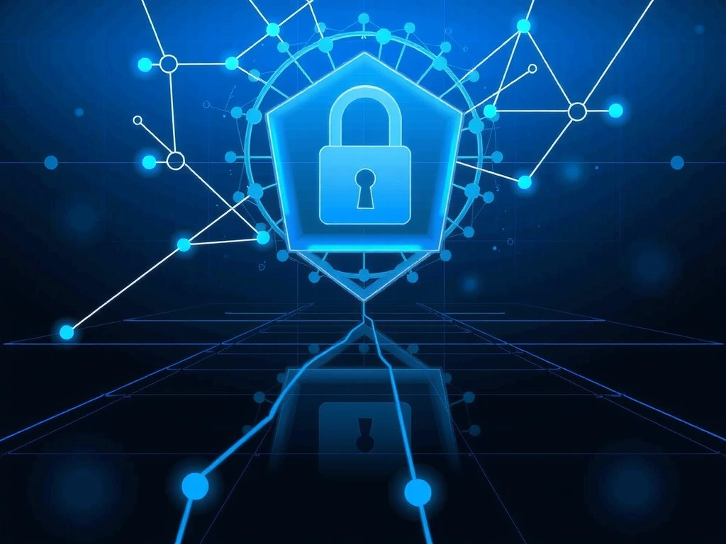 Cybersecurity lock icon with abstract digital shield, representing data security