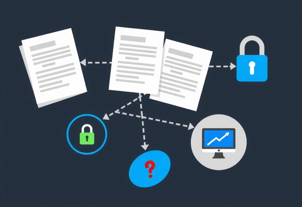 A stylized infographic showing interconnected legal documents and digital security icons, representing the principles of terms of service.