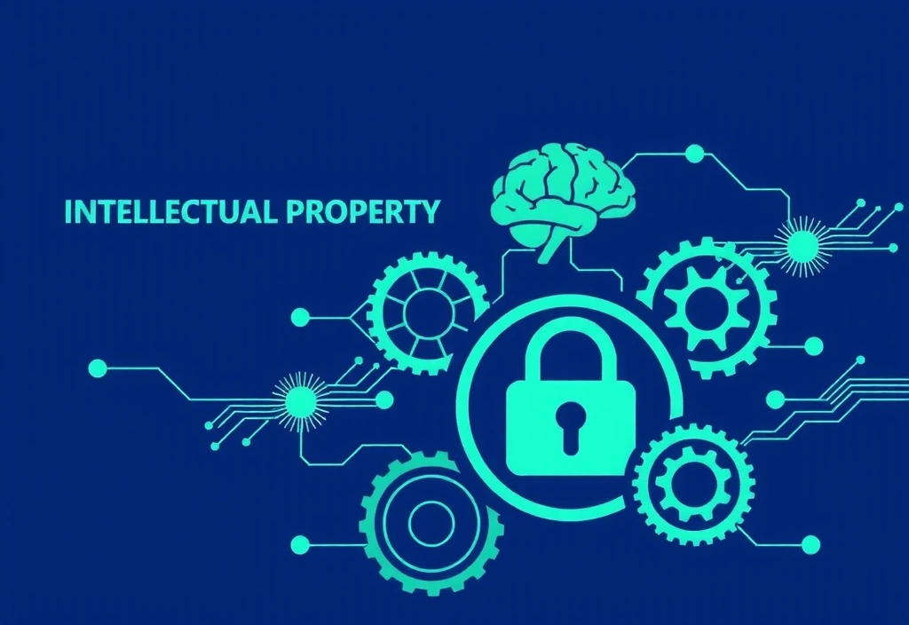 A stylized abstract representation of intellectual property, with interlocking gears and brain imagery, indicating protection and innovation.