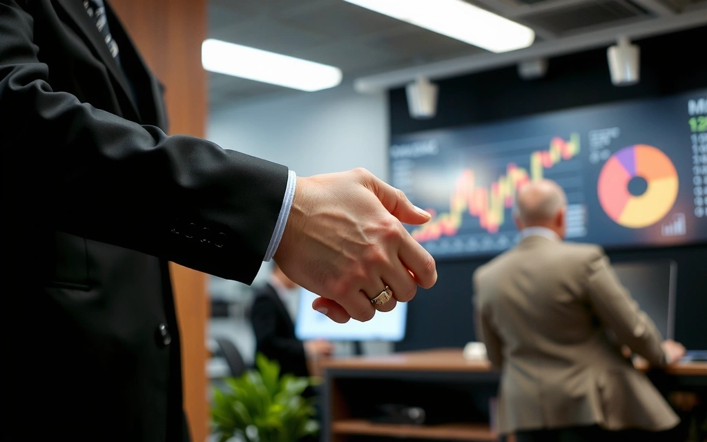 A person shaking hands, symbolizing agreement and partnership, with a modern, digital interface in the background.